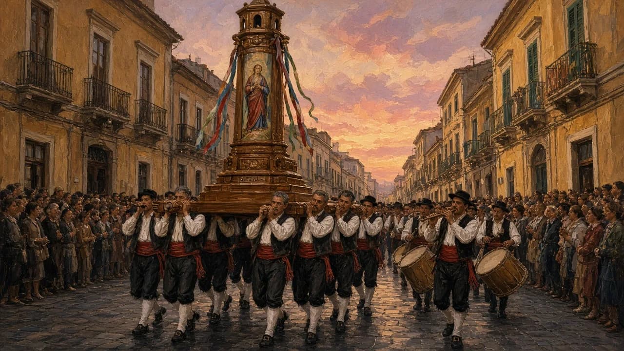 Discesa dei Candelieri a Sassari: un cero ligneo portato a spalla dai gremianti lungo il corso
