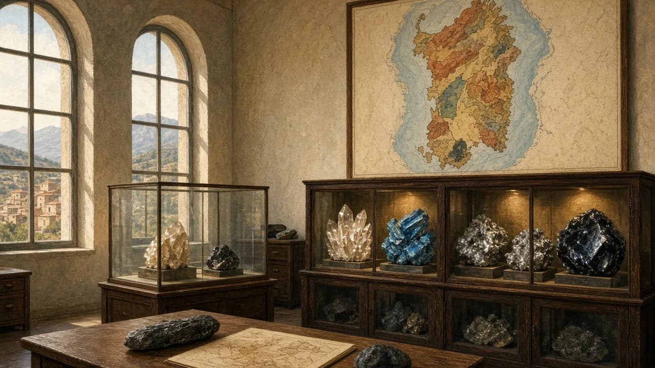 Vetrine di una collezione mineralogica con cristalli, ossidiana e una carta geologica della Sardegna