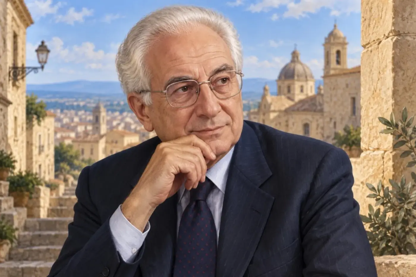 Ritratto di Francesco Cossiga con Sassari sullo sfondo