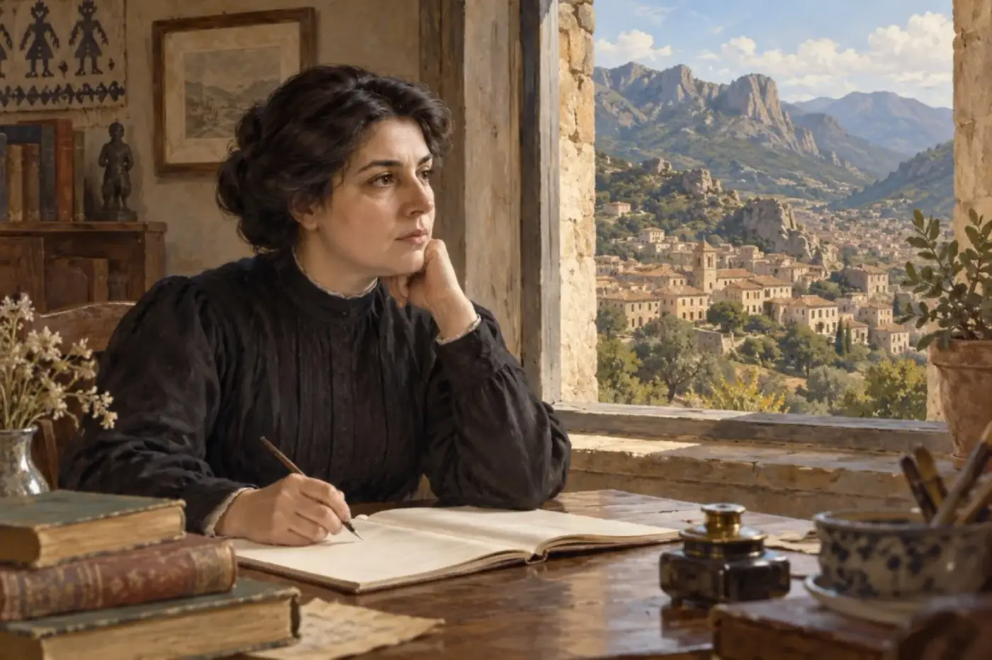 Ritratto di Grazia Deledda alla scrivania con Nuoro sullo sfondo