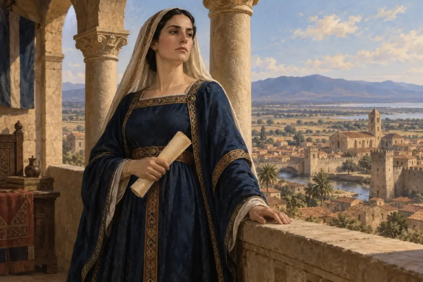 Ritratto di Eleonora d’Arborea con Oristano e il Giudicato sullo sfondo