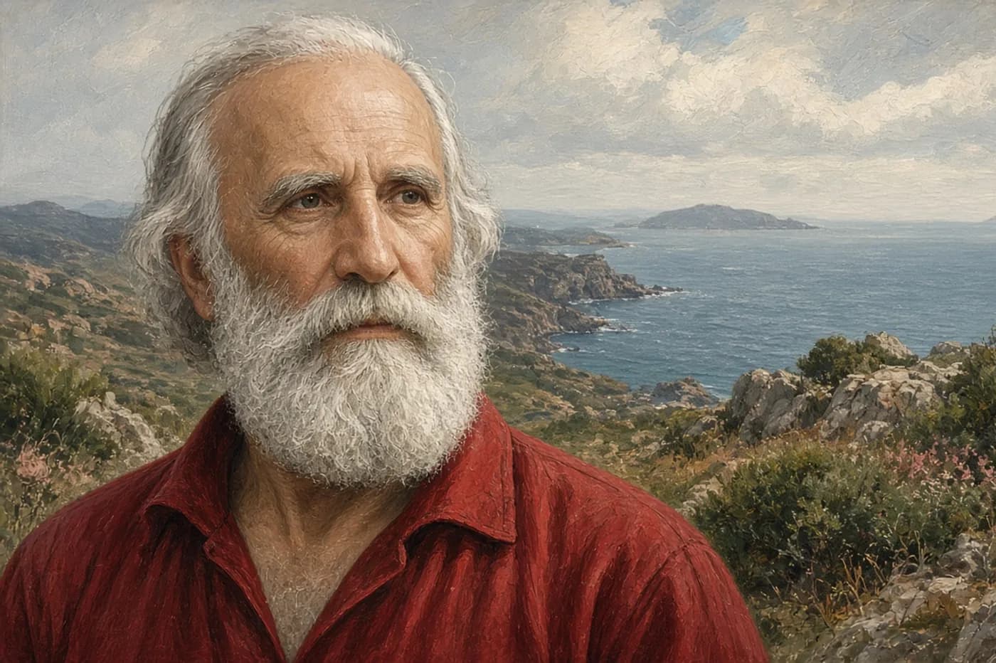 Ritratto di Giuseppe Garibaldi con la costa di Caprera sullo sfondo