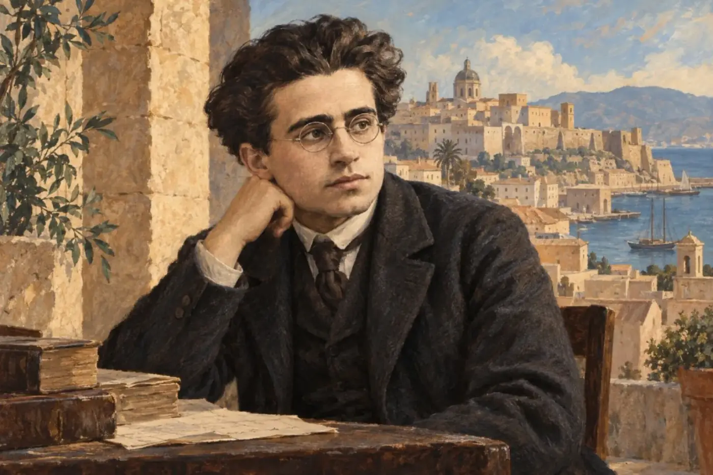 Ritratto di Antonio Gramsci con paesaggio sardo sullo sfondo