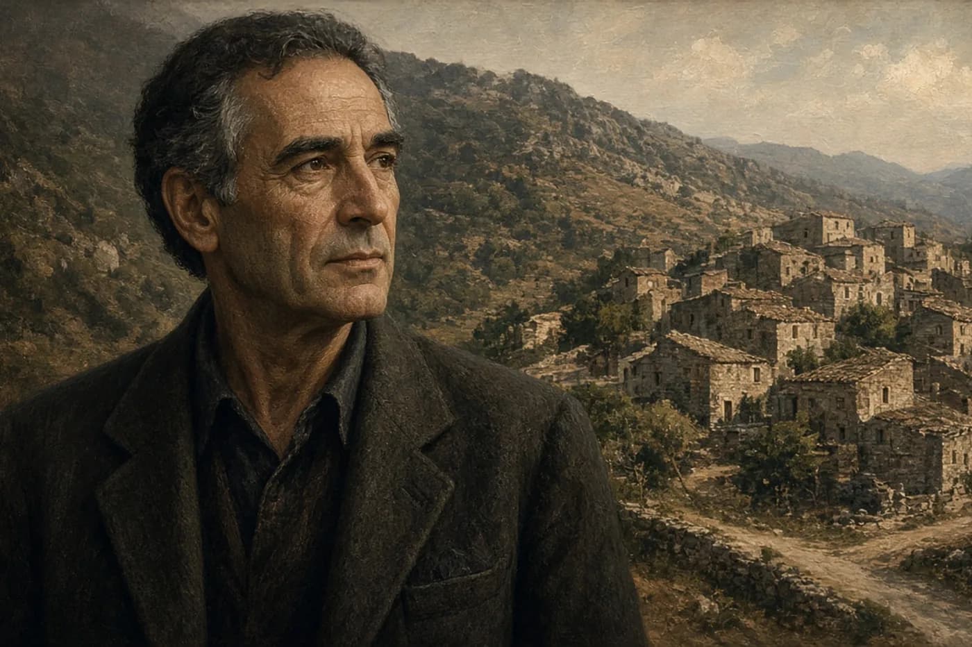 Ritratto di Emilio Lussu con paese sardo sullo sfondo