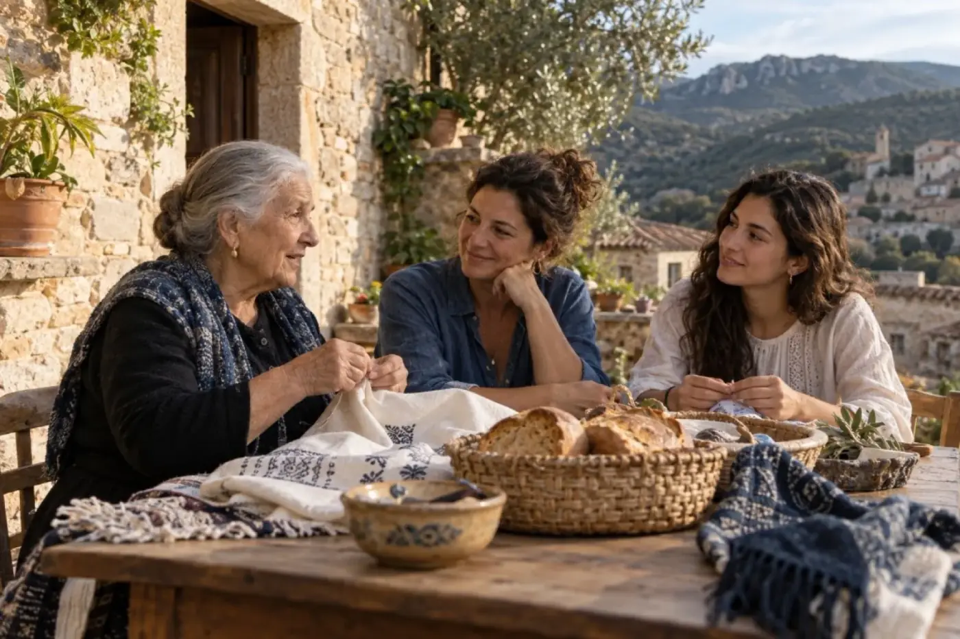 Tre generazioni di donne sarde a tavola, simbolo della Sardegna matriarcale