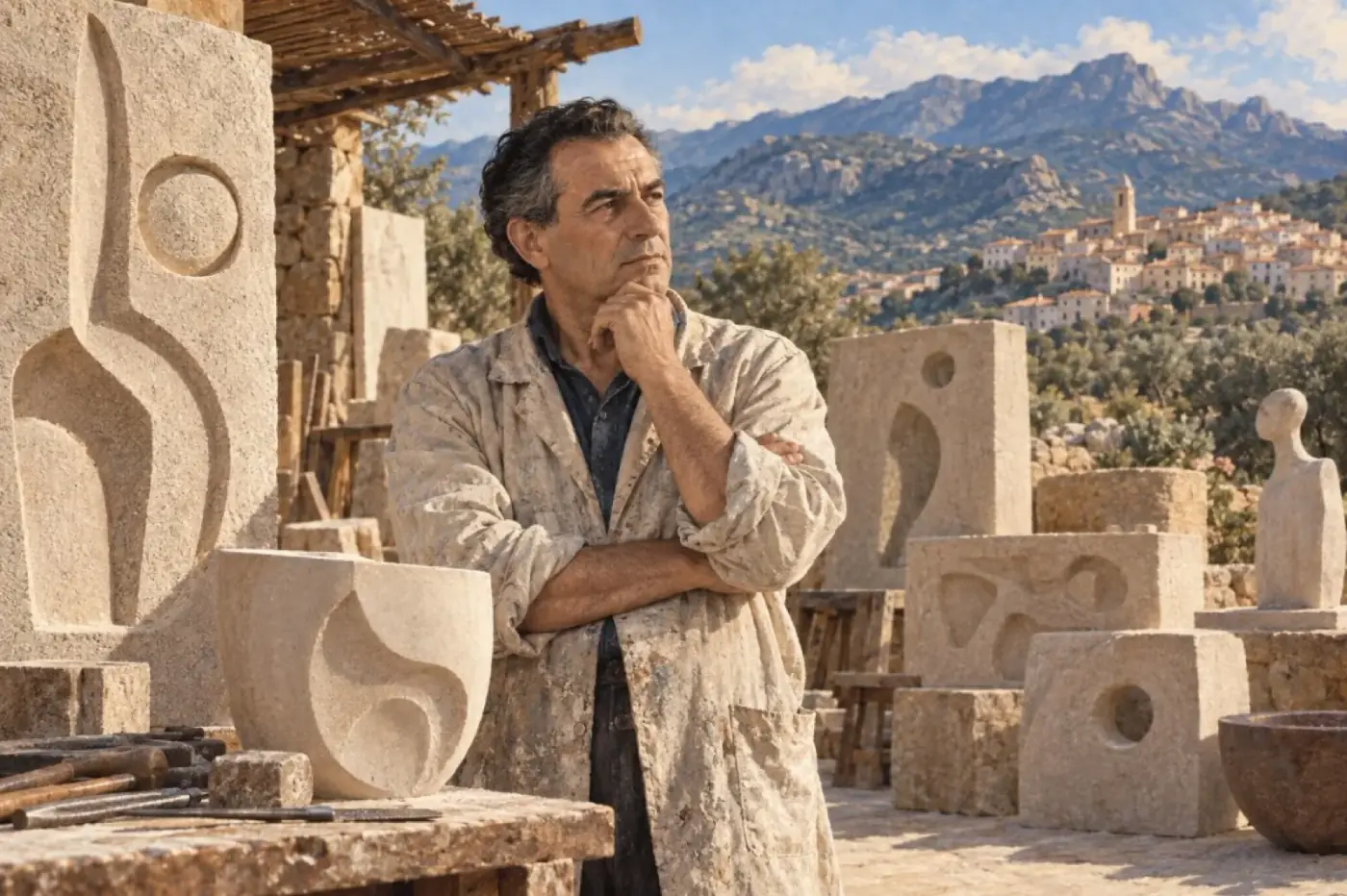 Ritratto di Costantino Nivola nello studio con sculture e Orani sullo sfondo
