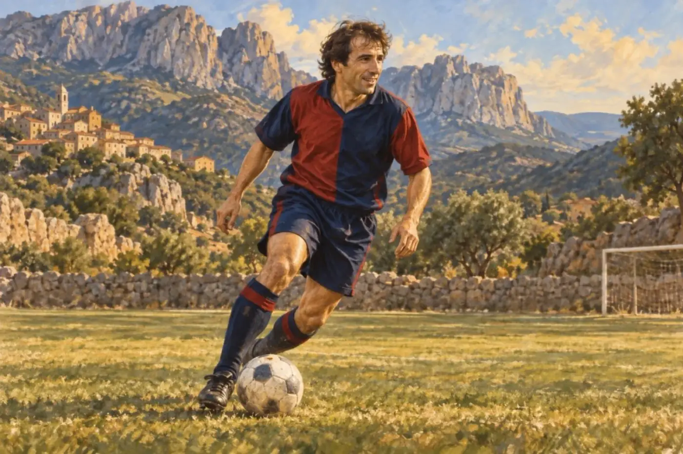 Gianfranco Zola in azione con il pallone e Oliena sullo sfondo
