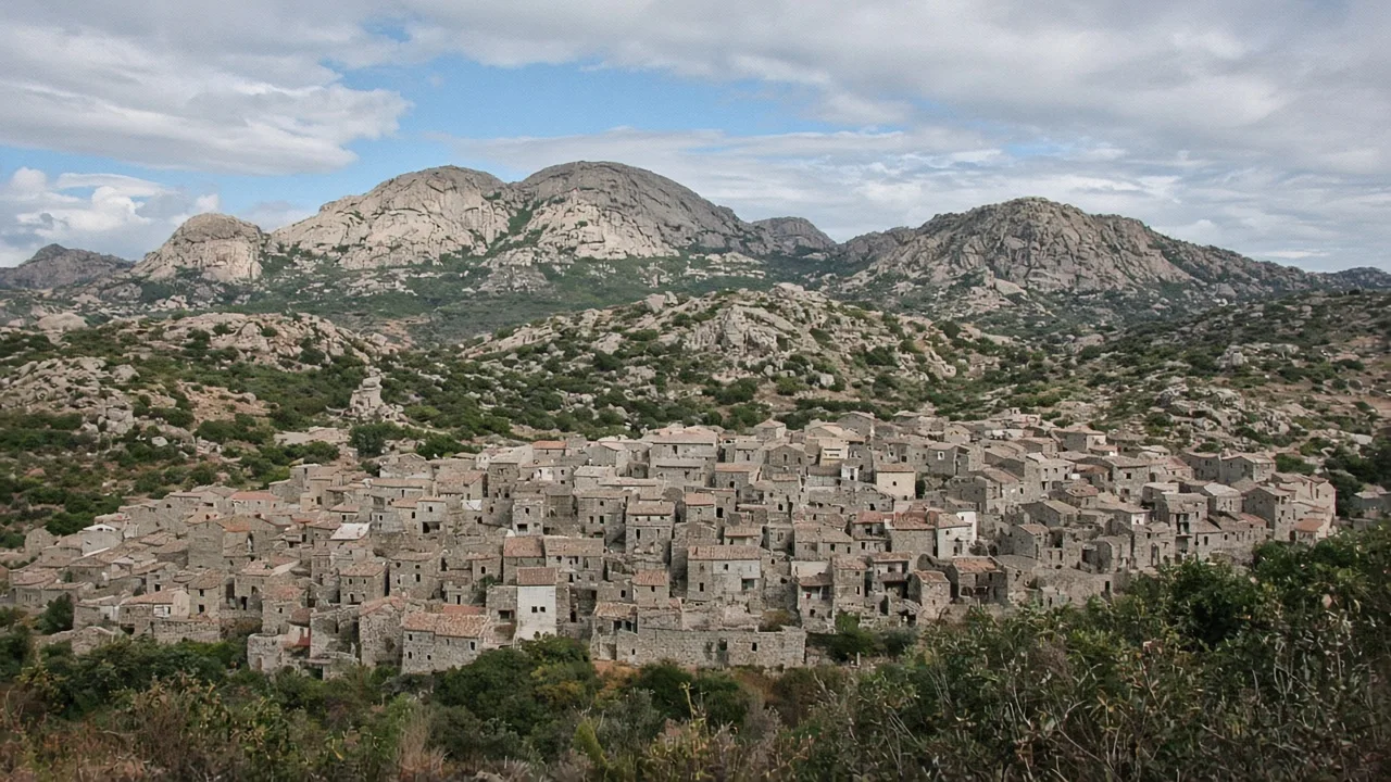 Panorama di Aggius ai piedi dei monti di granito, in Gallura