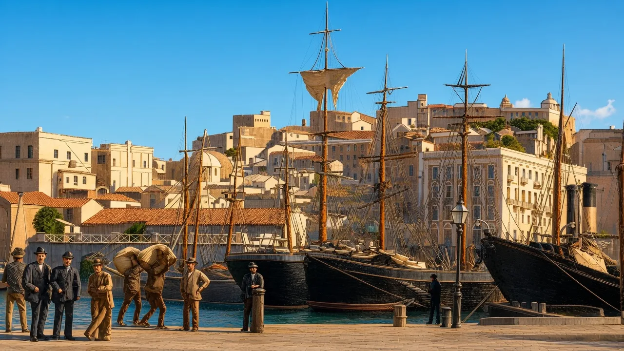Cagliari vista dalla darsena, con il colle di Castello sul golfo