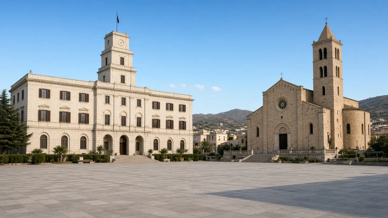 Piazza Roma a Carbonia, con il municipio e la chiesa di San Ponziano