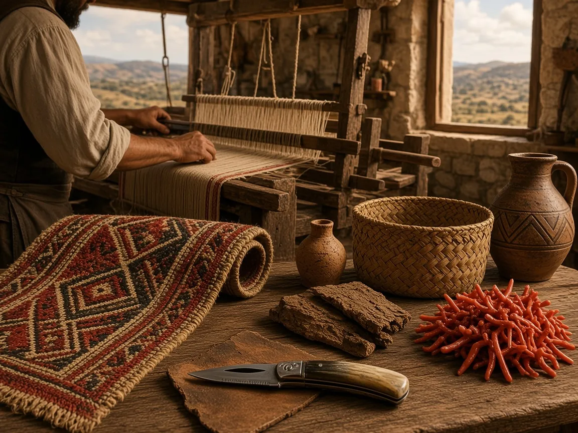 Bottega di artigianato sardo: telaio, tappeto, resolza, sughero, corallo e intreccio