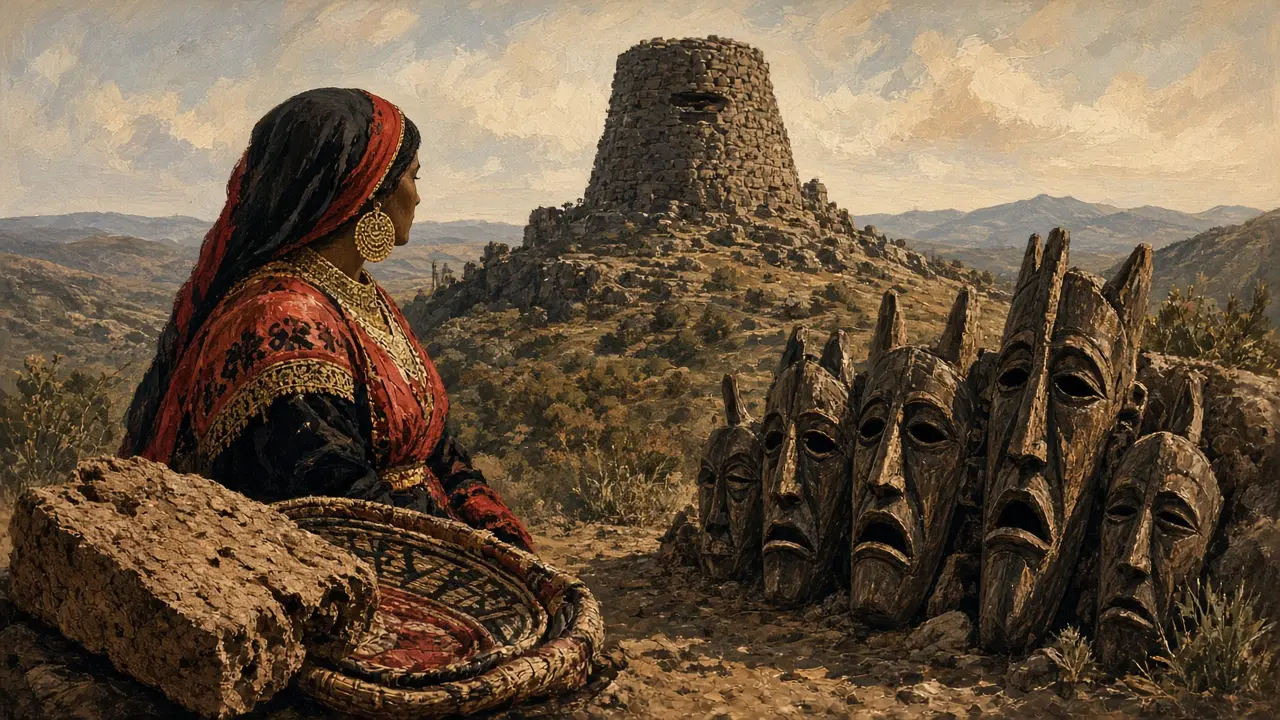 Nuraghe, abito tradizionale e maschere del carnevale sardo in un paesaggio mediterraneo