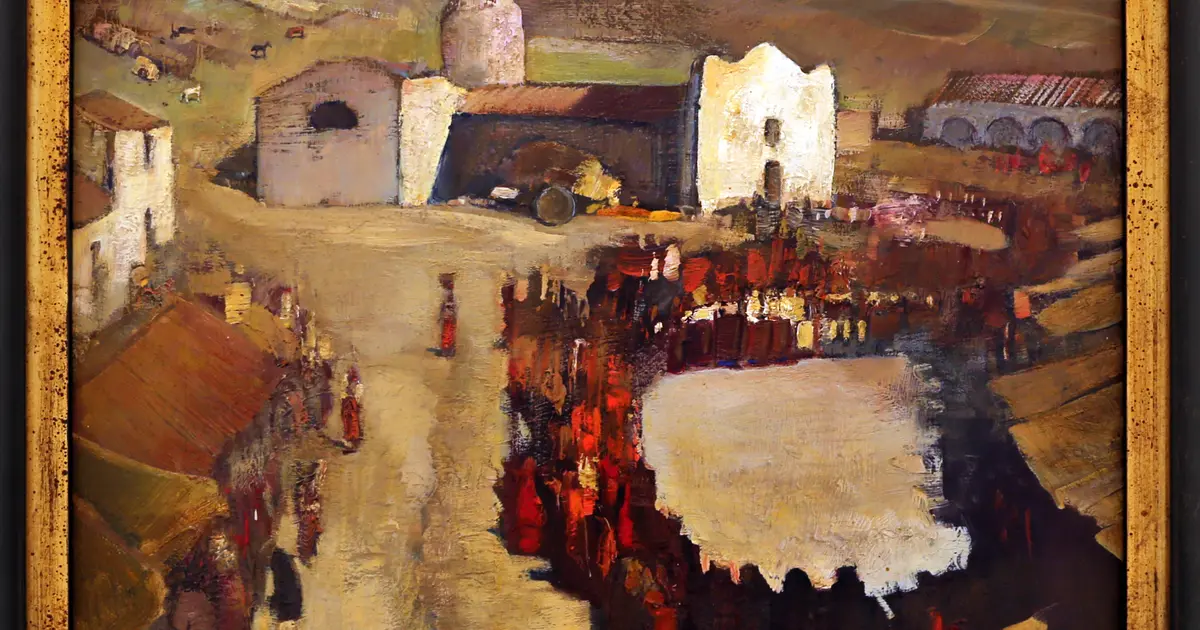 Ballo tondo davanti a un paese sardo, dipinto da Giuseppe Biasi nel 1934-35