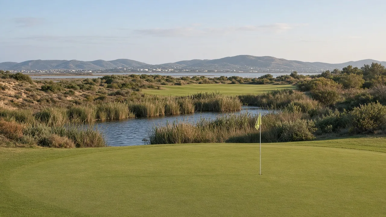 Nove buche del Cagliari Golf Club a Flumini di Quartu, green accanto a uno specchio d’acqua
