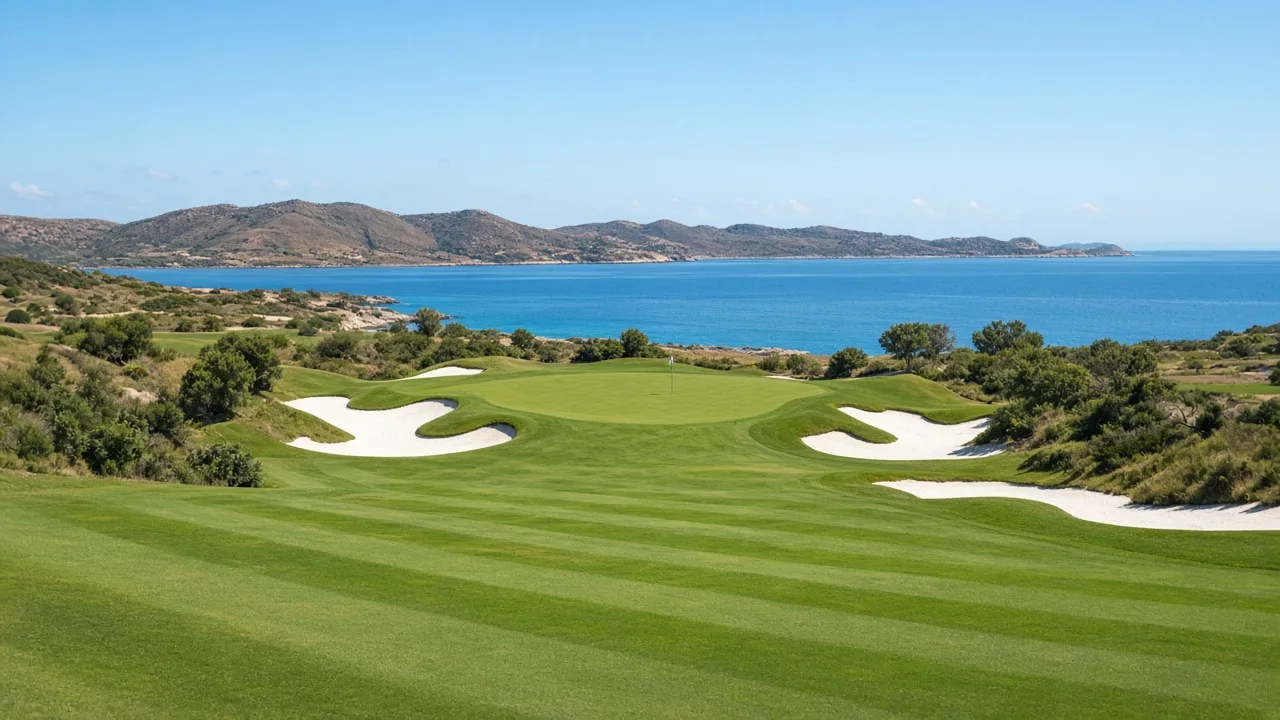 Percorso da torneo di Is Molas a Pula, green, bunker e colline del Sulcis verso il mare