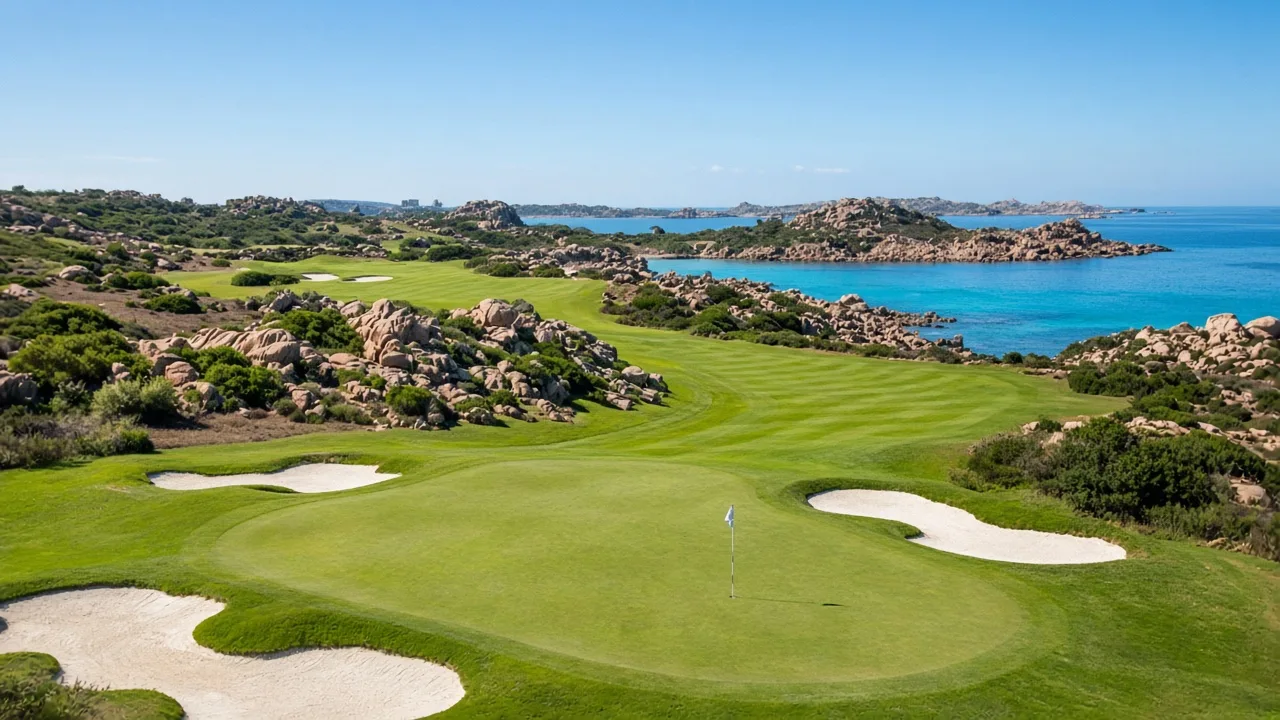 Green e bunker del Pevero Golf Club tra granito, macchia e il mare della Costa Smeralda
