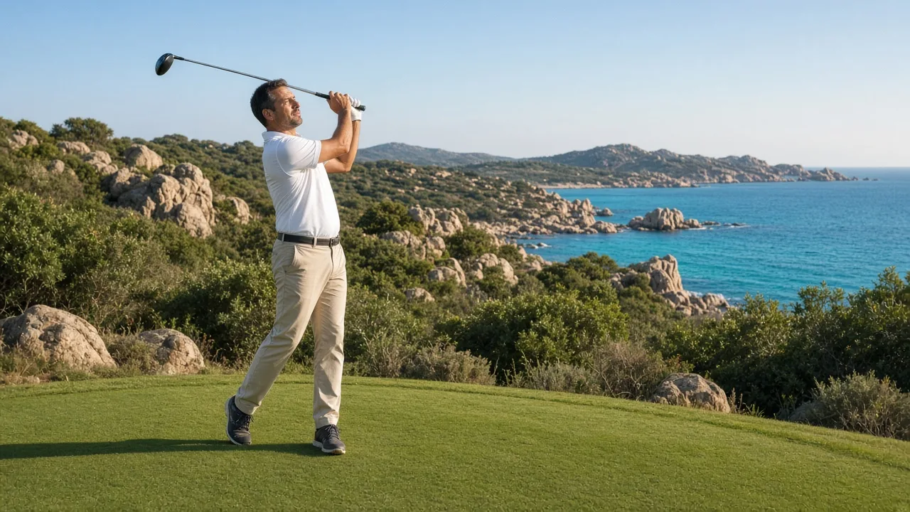 Un golfista in swing su un fairway verde, con macchia mediterranea, granito e il mare della Sardegna sullo sfondo