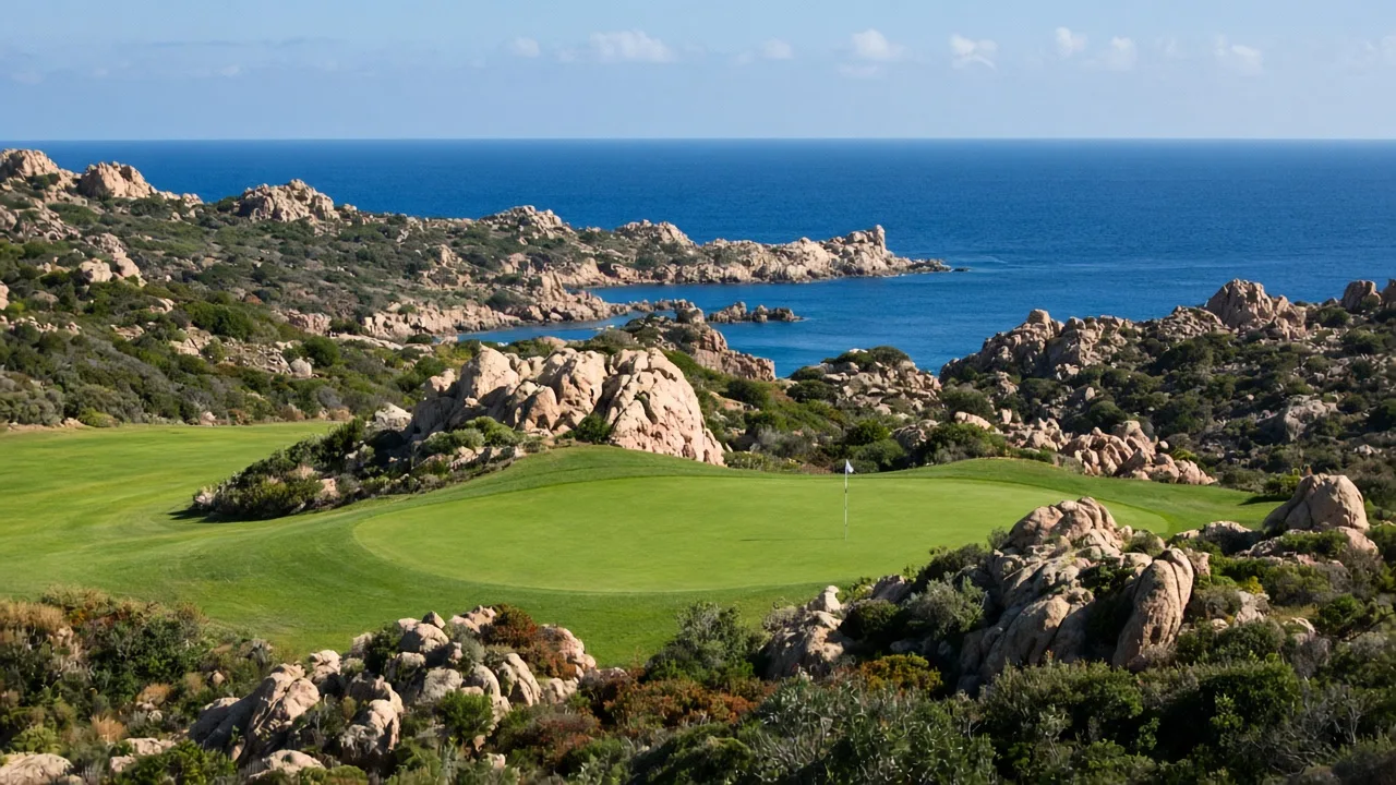 Campo del Tanka Golf Club a Villasimius, green tra granito e macchia con il mare alle spalle