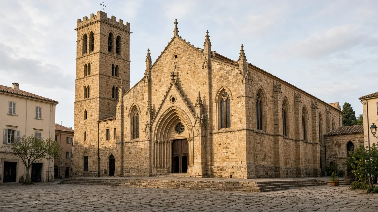 Facciata e campanile trecentesco della cattedrale di Santa Chiara a Iglesias