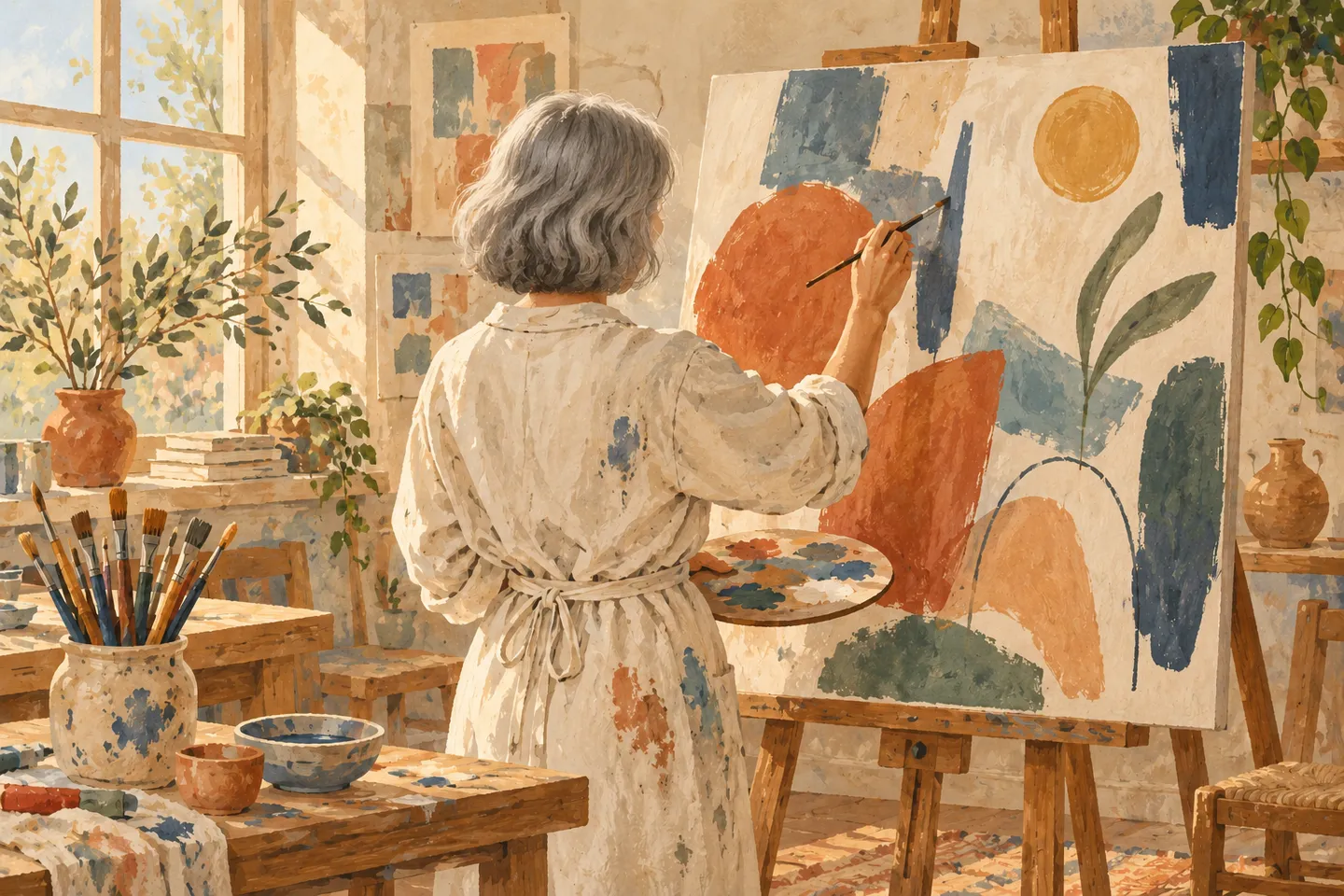 Illustrazione stilizzata di una pittrice anonima vista di spalle davanti a un cavalletto; non ritrae Liliana Cano