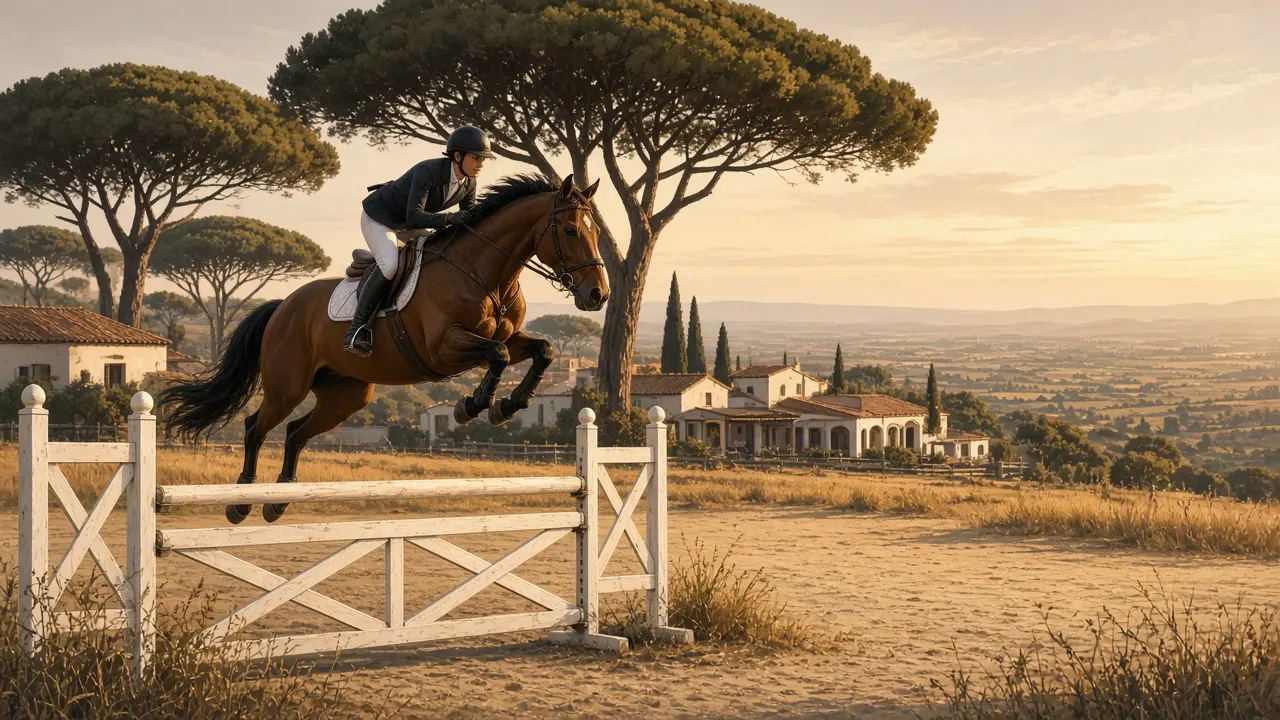 Cavaliere in salto ostacoli all’aperto, pini mediterranei e campo della Società Oristanese di Equitazione