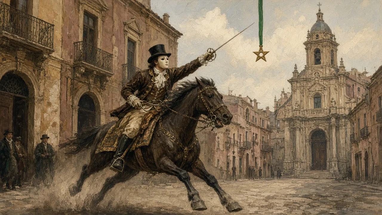 Cavaliere mascherato della Sartiglia al galoppo, spada alzata verso una stella sospesa