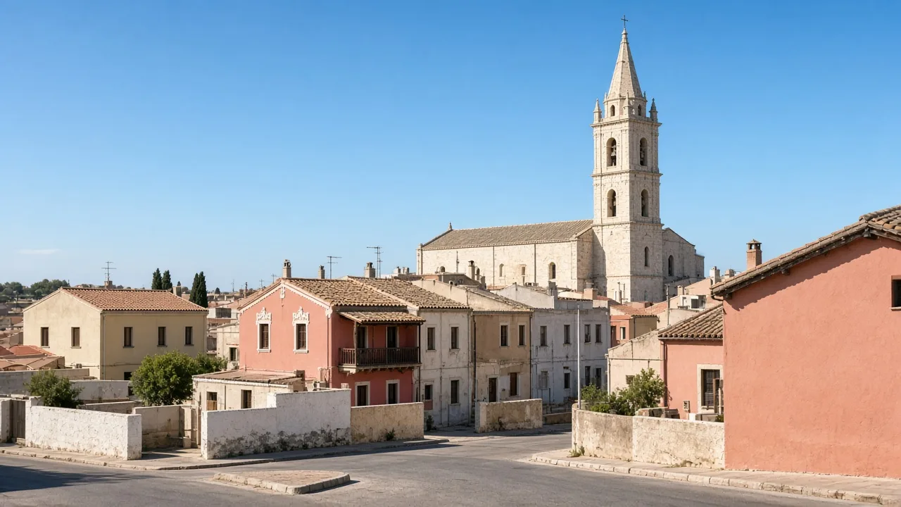 Selargius nel Campidano, con il centro e le case verso Cagliari