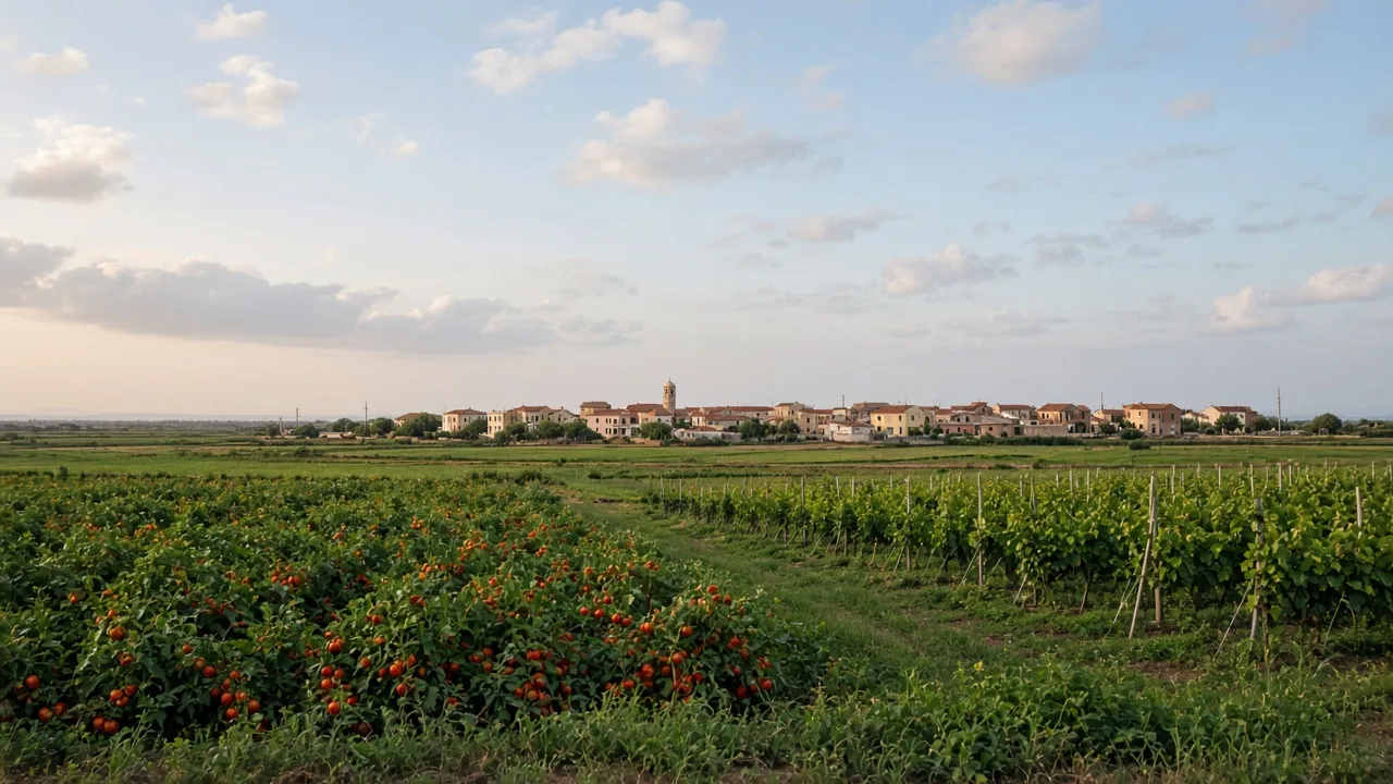 Zeddiani nel Campidano di Oristano, tra campi coltivati e case della pianura