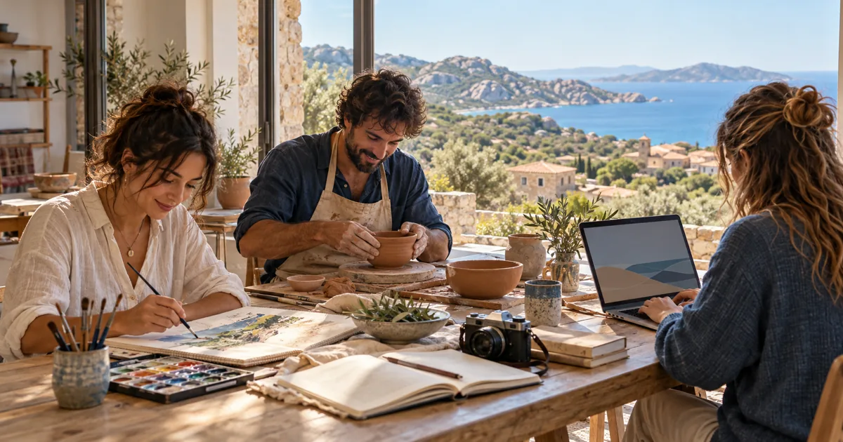 Scena illustrativa di apprendimento: ceramica, pittura e competenze digitali in un laboratorio sul paesaggio sardo