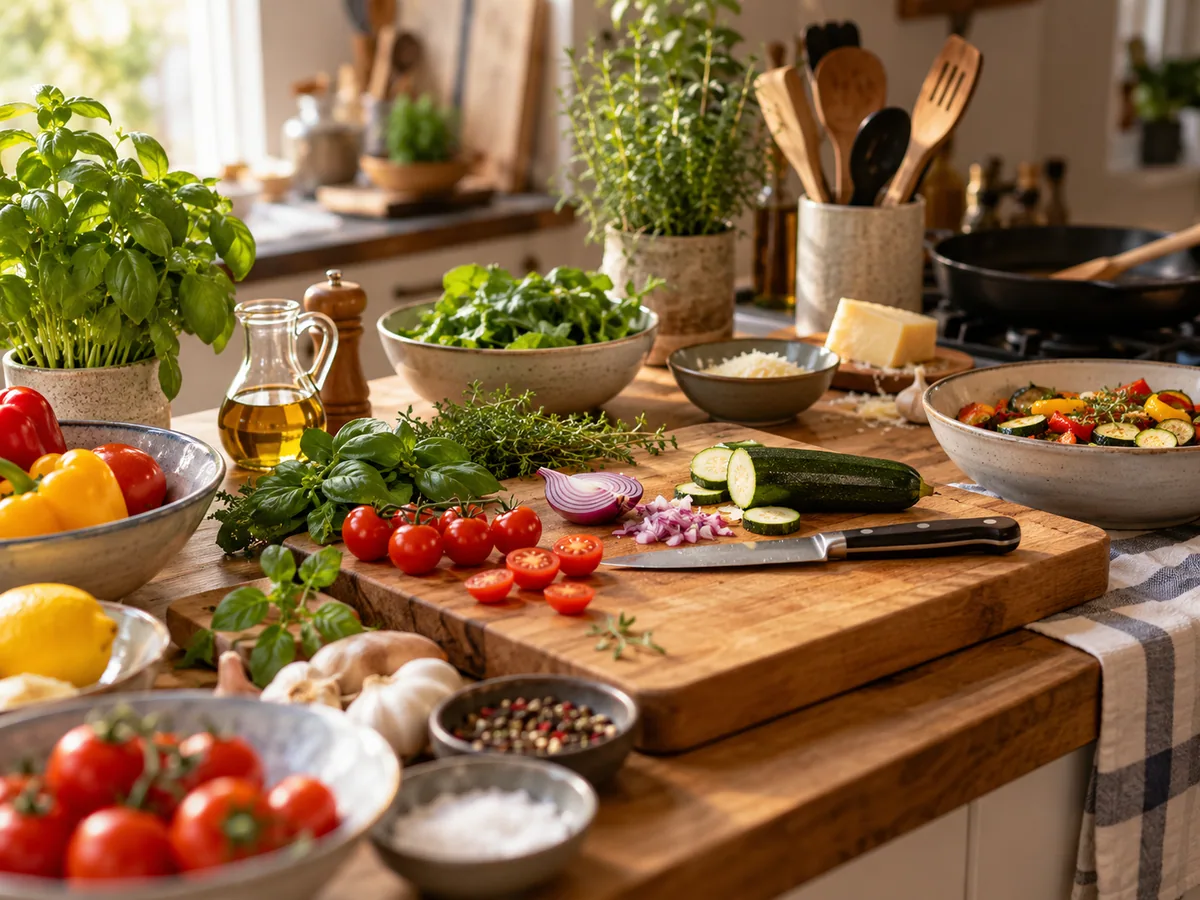 Piano di cucina con verdure, erbe e ingredienti pronti per un laboratorio