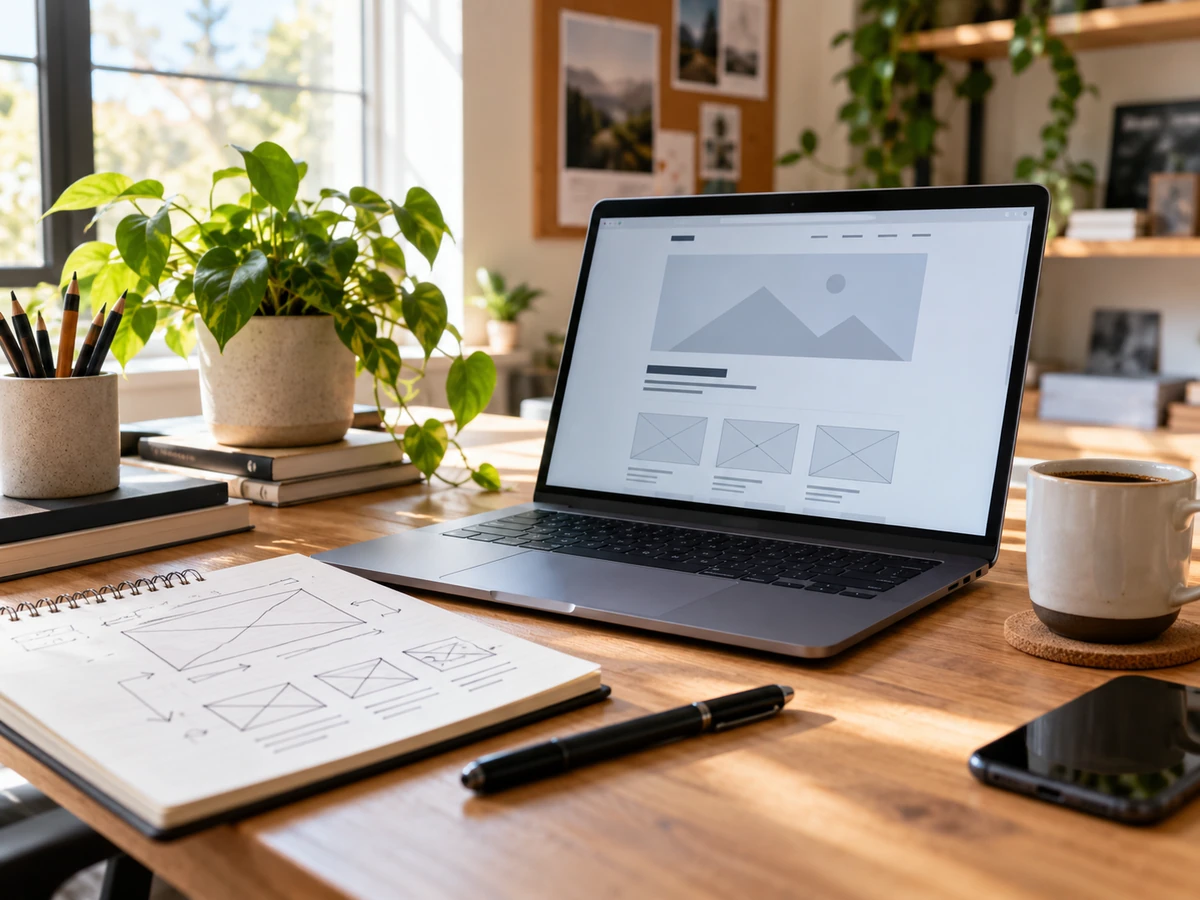 Computer con la bozza di una pagina web e un quaderno di schemi