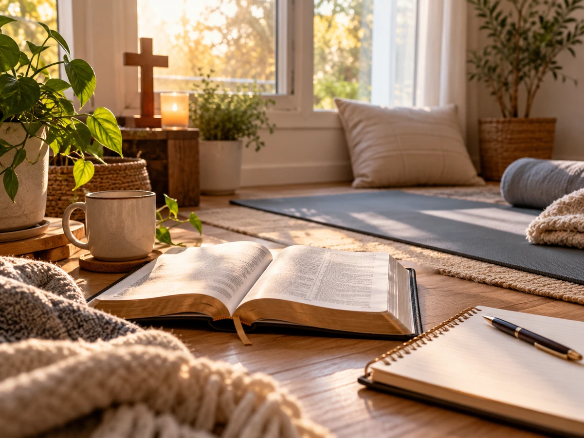 Tappetino, Bibbia aperta e un angolo raccolto per relax e preghiera