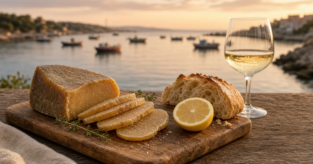 Bottarga, pane e vino con la laguna in sfondo